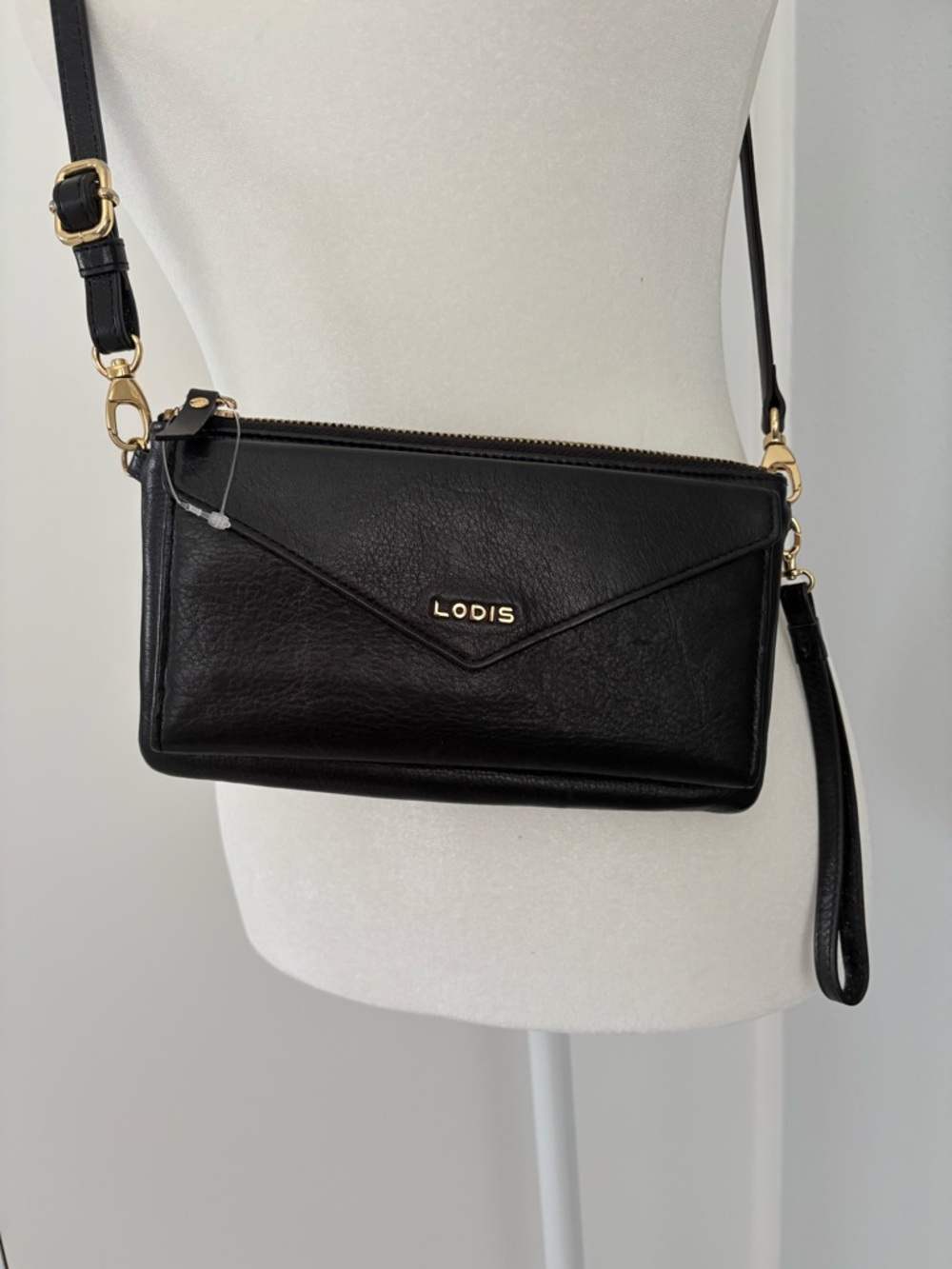 Lodis Black Leather Convertible Crossbody Wristlet with Gold Hardware